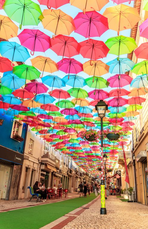 Street Full Of Colorful Umbrellas In Agueda, Portugal