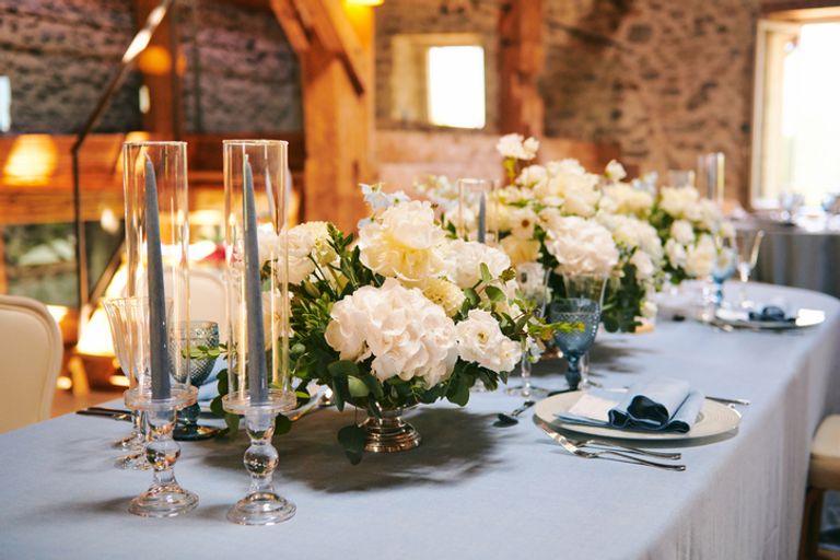 Aesthetic decoration of wedding venue, white and blue colors