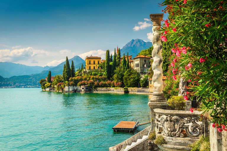 Oleander Flowers And Villa Monastero In Background, Lake Como, Varenna
